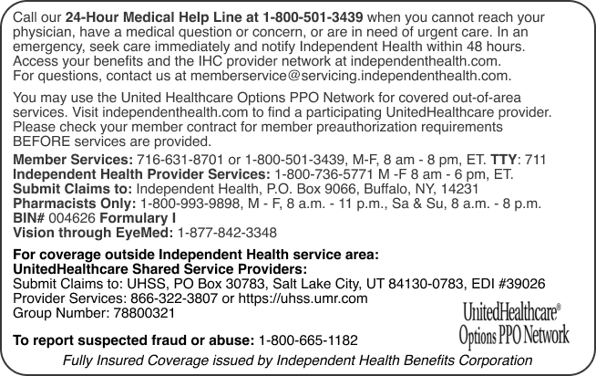 Example of the back of member ID card for Independent Health Commercial