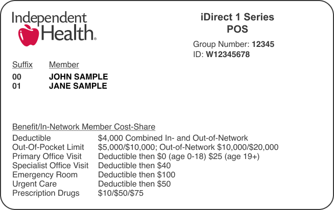 Example of the front of member ID card for Independent Health Commercial