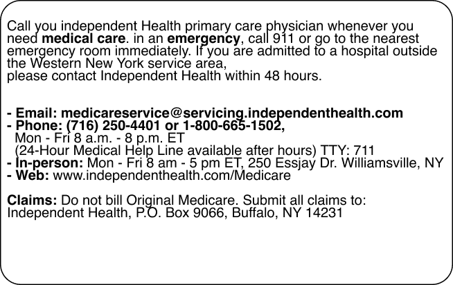 Example of the back of member ID card for Independent Health Medicare