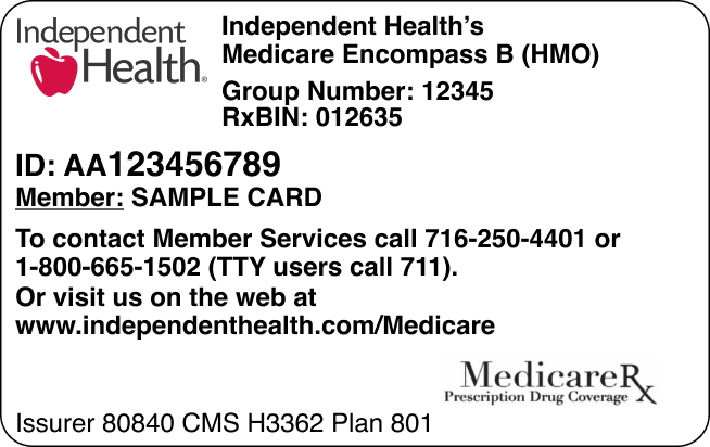 Example of the front of member ID card for Independent Health Medicare