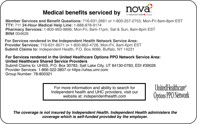 Example of the back of member ID card for Independent Health Self-Funded