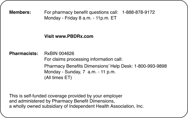 Example of the back of member ID card for PBD Self-Funded